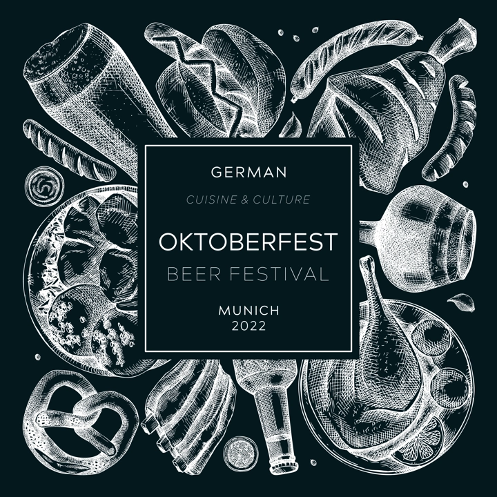 Oktoberfest background on chalkboard. German food and drinks menu design. Vector meat dishes sketches. German cuisine vintage wreath. Traditional beer festival illustration in sketched style.